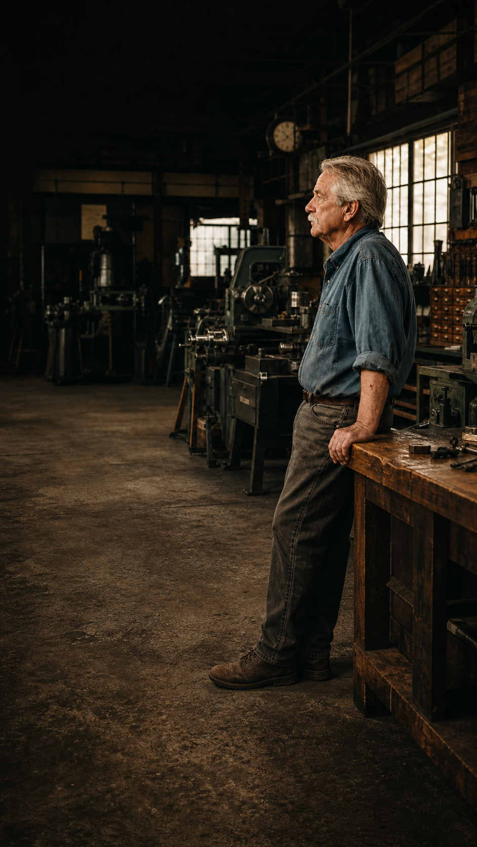 An experienced machine-shop owner at his workbench near the end of the day