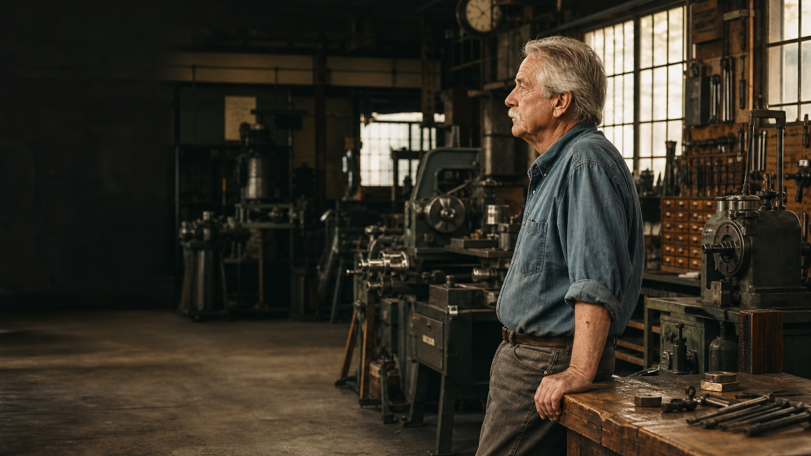 An experienced machine-shop owner at his workbench near the end of the day